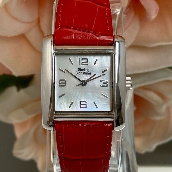 Sterling Signatures 925 Silver Tank Style Watch Mother of Pearl Dial Red Leather - Picture 6 of 16